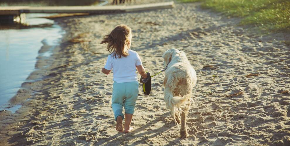 Kind spaziert mit Hund am Strand